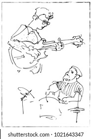 Jazz musicians playing music. Guitar player and drummer sketch.