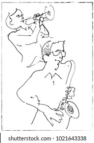 Jazz musicians playing music. Saxophone and trumpet players sketch.