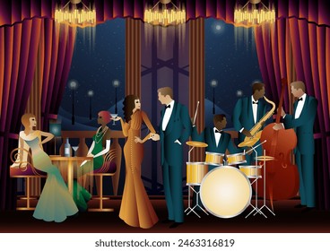 Jazz musicians in a restaurant, cafe or bar. Double bass, saxophone, drum. Musicians play musical instruments
