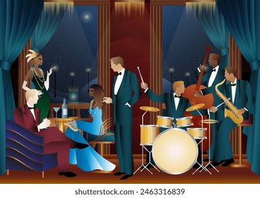 Jazz musicians in a restaurant, cafe or bar. Double bass, saxophone, drum. Musicians play musical instruments