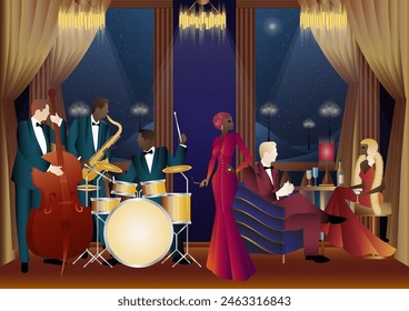 Jazz musicians in a restaurant, cafe or bar. Double bass, saxophone, drum. Musicians play musical instruments