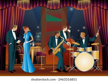 Jazz musicians in a restaurant, cafe or bar. Double bass, saxophone, drum. Musicians play musical instruments