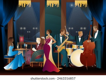 Jazz musicians in a restaurant, cafe or bar. Double bass, saxophone, drum. Musicians play musical instruments