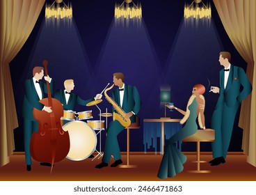 Jazz musicians in a restaurant, cafe or bar. Double bass, saxophone, drum. Musicians play musical instruments