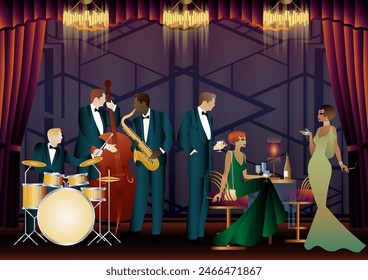 Jazz musicians in a restaurant, cafe or bar. Double bass, saxophone, drum. Musicians play musical instruments