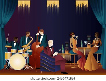 Jazz musicians in a restaurant, cafe or bar. Double bass, saxophone, drum. Musicians play musical instruments