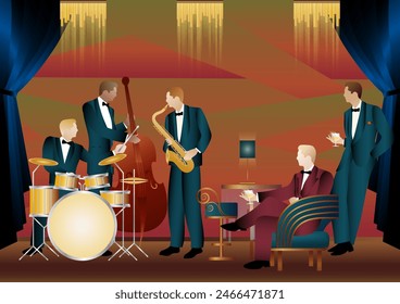 Jazz musicians in a restaurant, cafe or bar. Double bass, saxophone, drum. Musicians play musical instruments