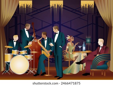 Jazz musicians in a restaurant, cafe or bar. Double bass, saxophone, drum. Musicians play musical instruments