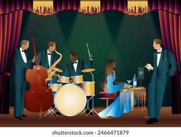 Jazz musicians in a restaurant, cafe or bar. Double bass, saxophone, drum. Musicians play musical instruments