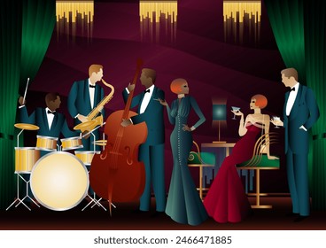 Jazz musicians in a restaurant, cafe or bar. Double bass, saxophone, drum. Musicians play musical instruments