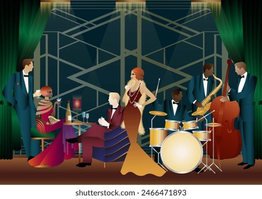 Jazz musicians in a restaurant, cafe or bar. Double bass, saxophone, drum. Musicians play musical instruments