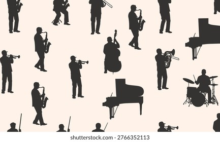 Jazz Musicians Silhouette Pattern with Saxophone Trumpet Piano and Drums