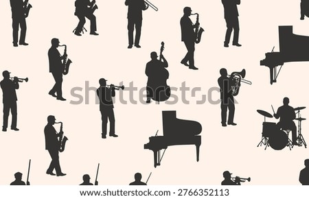 Jazz Musicians Silhouette Pattern with Saxophone Trumpet Piano and Drums