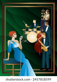 Jazz musicians, singer and bar on a universal background. Double bass, saxophone, drum. Musicians play musical instruments