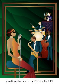 Jazz musicians, singer and bar on a universal background. Double bass, saxophone, drum. Musicians play musical instruments