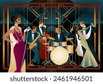 Jazz musicians, singer and dancers on a universal background. Double bass, saxophone, drum. Musicians play musical instruments