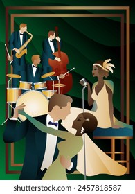 Jazz musicians, singer and dancers on a universal background. Double bass, saxophone, drum. Musicians play musical instruments