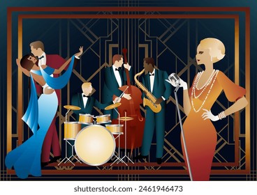 Jazz musicians, singer and dancers on a universal background. Double bass, saxophone, drum. Musicians play musical instruments
