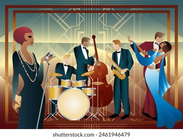 Jazz musicians, singer and dancers on a universal background. Double bass, saxophone, drum. Musicians play musical instruments