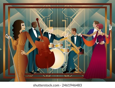 Jazz musicians, singer and dancers on a universal background. Double bass, saxophone, drum. Musicians play musical instruments