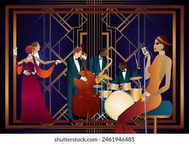 Jazz musicians, singer and dancers on a universal background. Double bass, saxophone, drum. Musicians play musical instruments