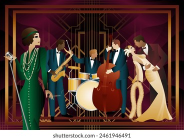 Jazz musicians, singer and dancers on a universal background. Double bass, saxophone, drum. Musicians play musical instruments