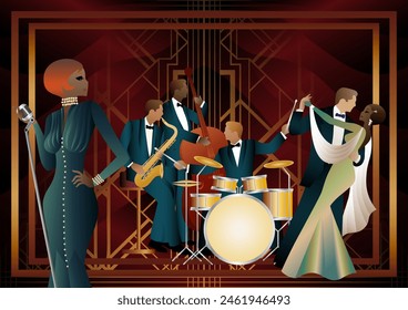 Jazz musicians, singer and dancers on a universal background. Double bass, saxophone, drum. Musicians play musical instruments