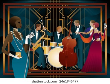 Jazz musicians, singer and dancers on a universal background. Double bass, saxophone, drum. Musicians play musical instruments