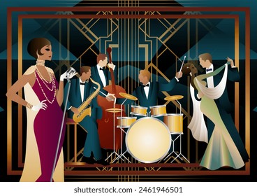 Jazz musicians, singer and dancers on a universal background. Double bass, saxophone, drum. Musicians play musical instruments