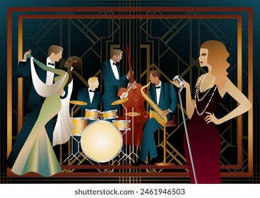 Jazz musicians, singer and dancers on a universal background. Double bass, saxophone, drum. Musicians play musical instruments