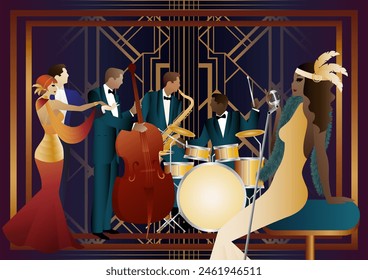 Jazz musicians, singer and dancers on a universal background. Double bass, saxophone, drum. Musicians play musical instruments
