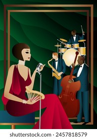 Jazz musicians and singer on a universal background. Double bass, saxophone, drum. Musicians play musical instruments