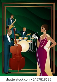 Jazz musicians and singer on a universal background. Double bass, saxophone, drum. Musicians play musical instruments