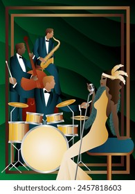 Jazz musicians and singer on a universal background. Double bass, saxophone, drum. Musicians play musical instruments