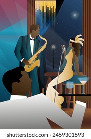 Jazz musicians and singer on a universal background. Double bass, saxophone, drum. Musicians play musical instruments