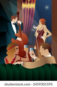 Jazz musicians and singer on a universal background. Double bass, saxophone, drum. Musicians play musical instruments