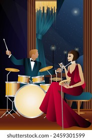 Jazz musicians and singer on a universal background. Double bass, saxophone, drum. Musicians play musical instruments