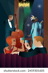 Jazz musicians and singer on a universal background. Double bass, saxophone, drum. Musicians play musical instruments
