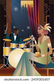 Jazz musicians and singer on a universal background. Double bass, saxophone, drum. Musicians play musical instruments
