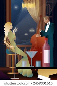 Jazz musicians and singer on a universal background. Double bass, saxophone, drum. Musicians play musical instruments
