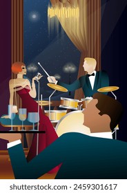 Jazz musicians and singer on a universal background. Double bass, saxophone, drum. Musicians play musical instruments