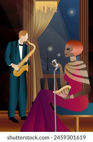 Jazz musicians and singer on a universal background. Double bass, saxophone, drum. Musicians play musical instruments