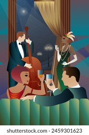 Jazz musicians and singer on a universal background. Double bass, saxophone, drum. Musicians play musical instruments