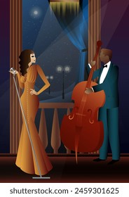 Jazz musicians and singer on a universal background. Double bass, saxophone, drum. Musicians play musical instruments