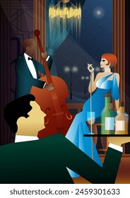 Jazz musicians and singer on a universal background. Double bass, saxophone, drum. Musicians play musical instruments