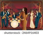 Jazz musicians and singer in a restaurant, cafe or bar. Double bass, saxophone, drum. Musicians play musical instruments