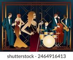 Jazz musicians and singer in a restaurant, cafe or bar. Double bass, saxophone, drum. Musicians play musical instruments