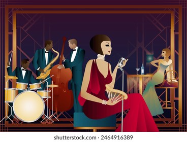 Jazz musicians and singer in a restaurant, cafe or bar. Double bass, saxophone, drum. Musicians play musical instruments