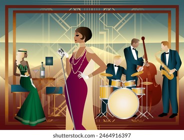 Jazz musicians and singer in a restaurant, cafe or bar. Double bass, saxophone, drum. Musicians play musical instruments