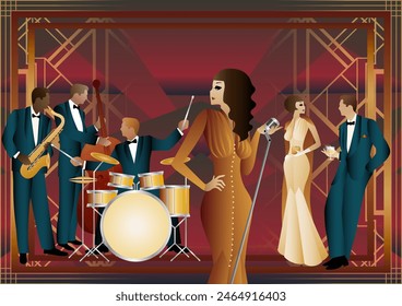 Jazz musicians and singer in a restaurant, cafe or bar. Double bass, saxophone, drum. Musicians play musical instruments